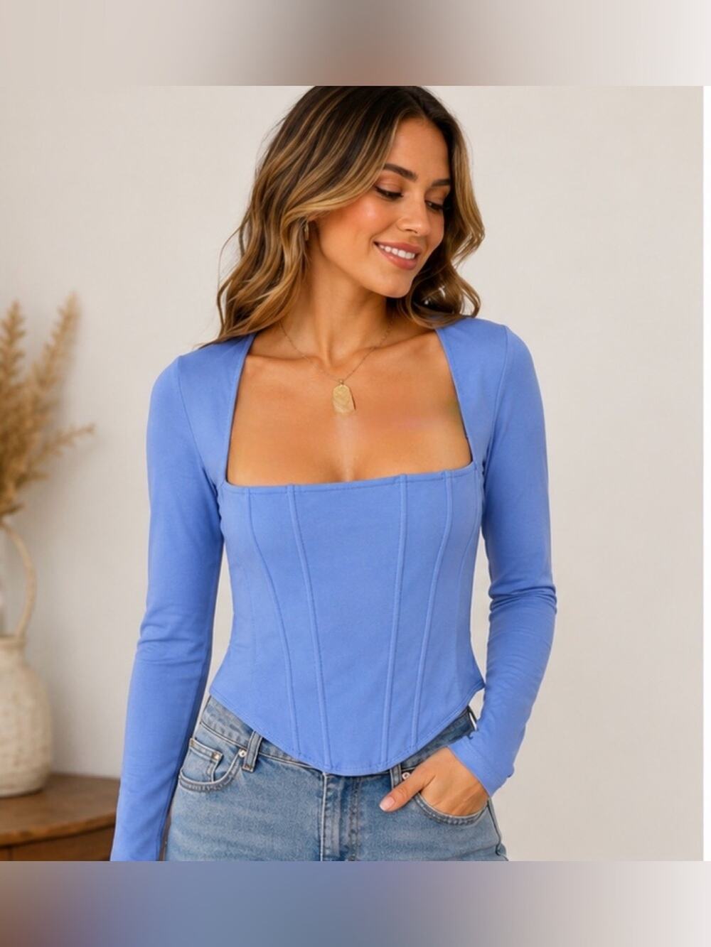Reoria Corset Long Sleeve Cutout Top Blue Open Back Going Out Top Size Medium